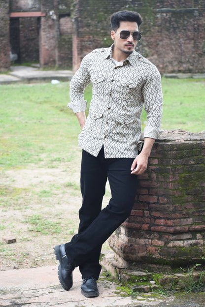 Off White Printed Hunting Style Shirt