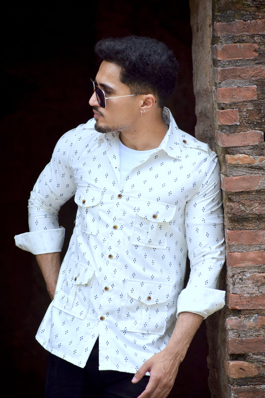 The Ivory Trail Hunting Shirt with Navy Motifs
