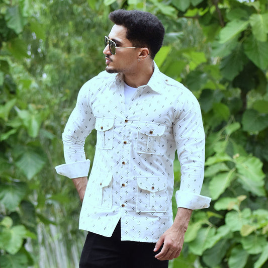 The Ivory Trail Hunting Shirt with Navy Motifs