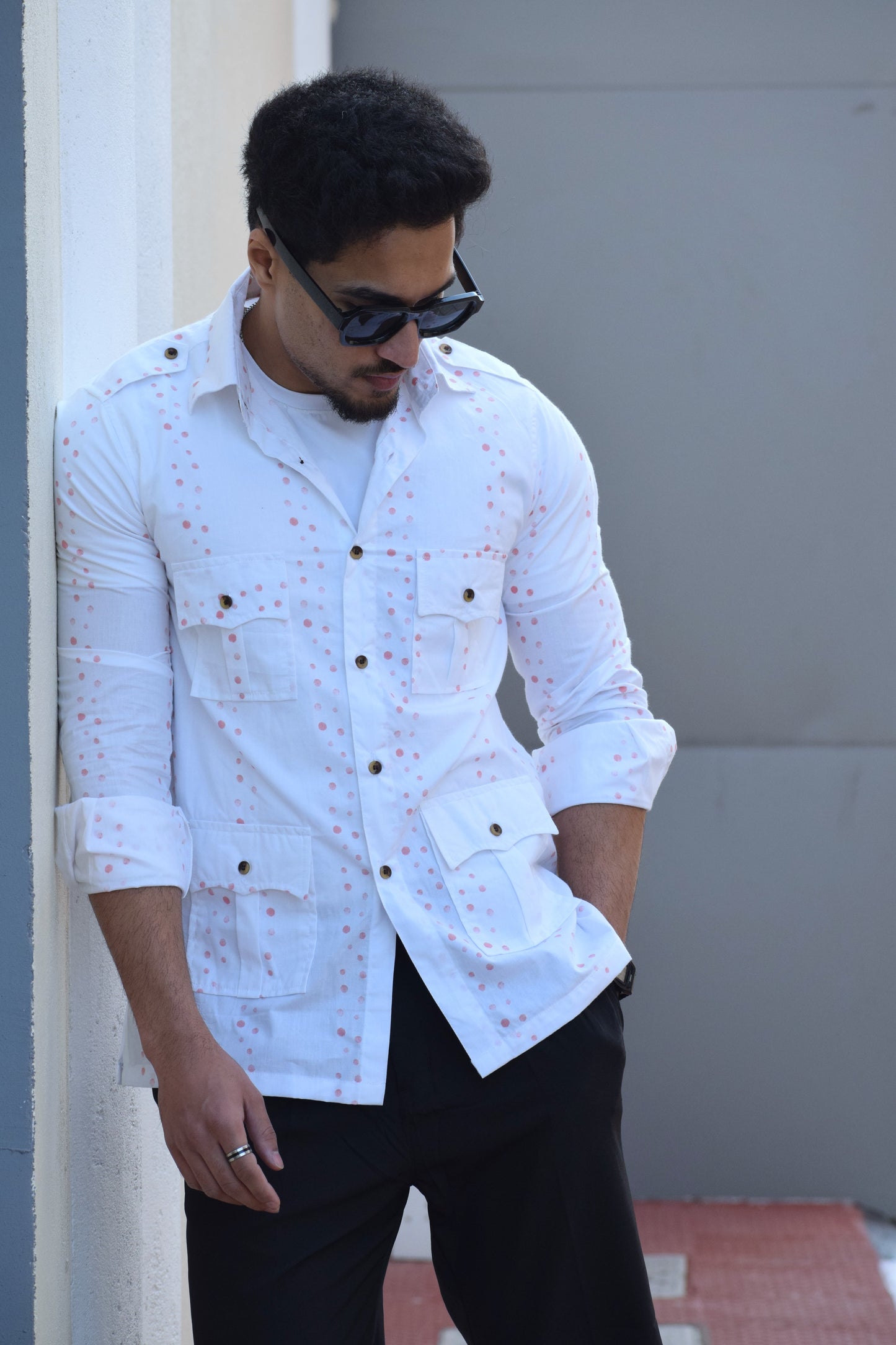 White Printed Vintage Hunting Style Shirt