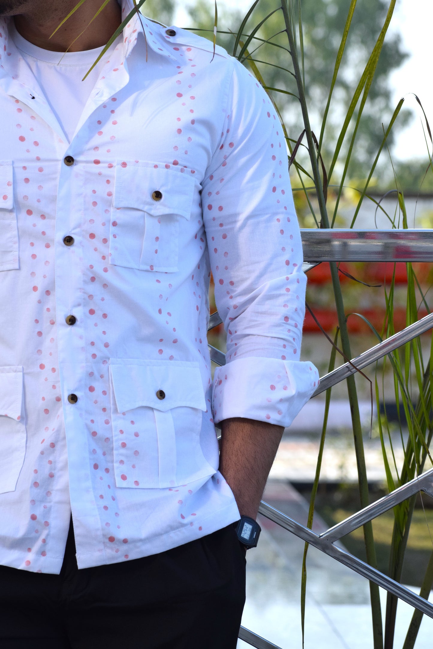 White Printed Vintage Hunting Style Shirt