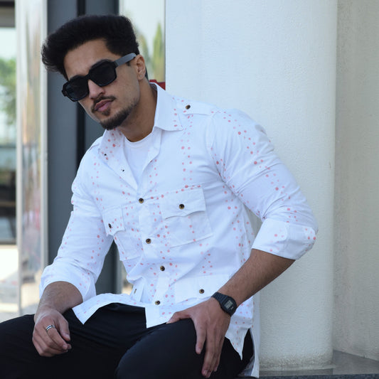 White Printed Vintage Hunting Style Shirt