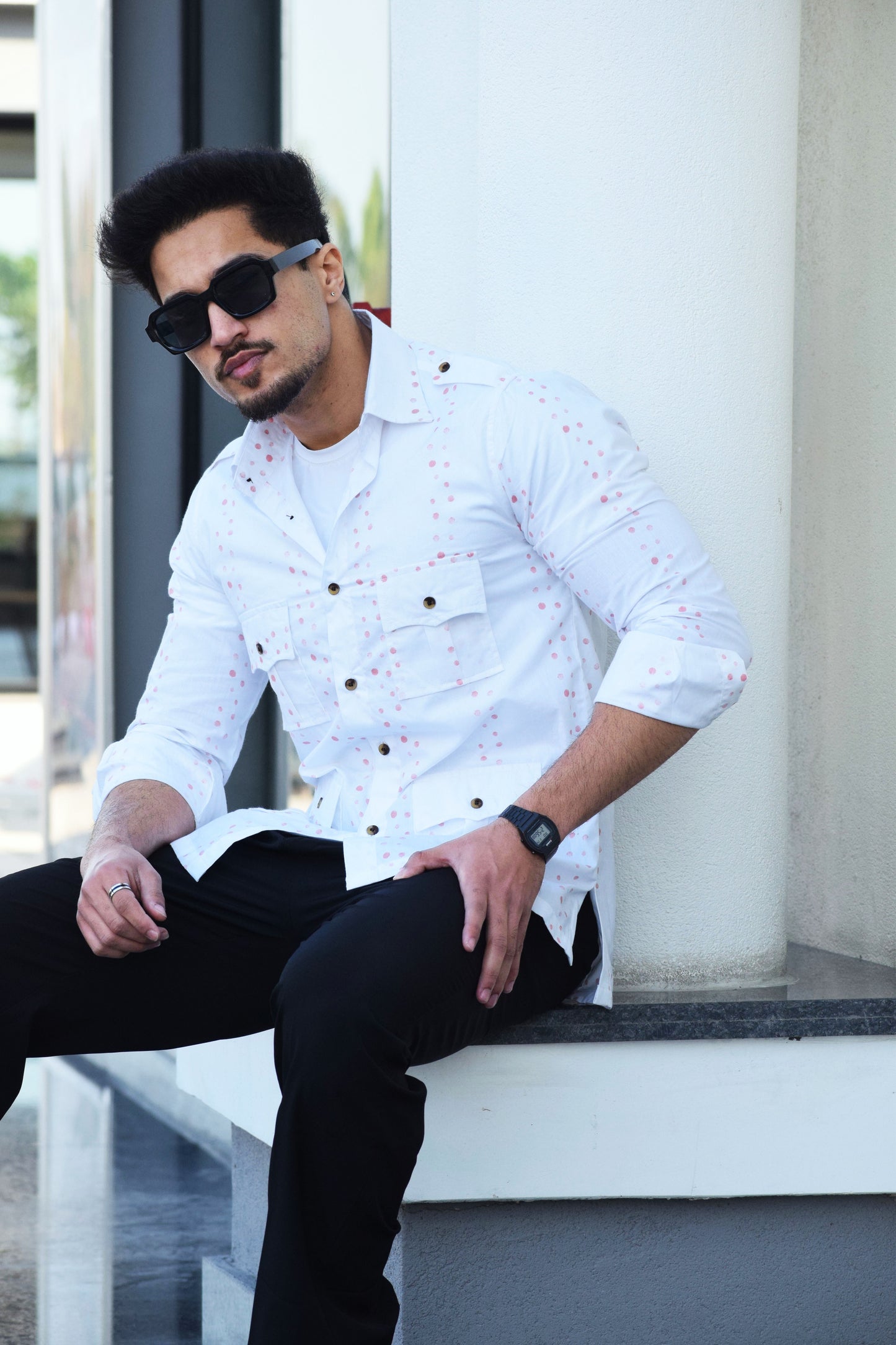 White Printed Vintage Hunting Style Shirt