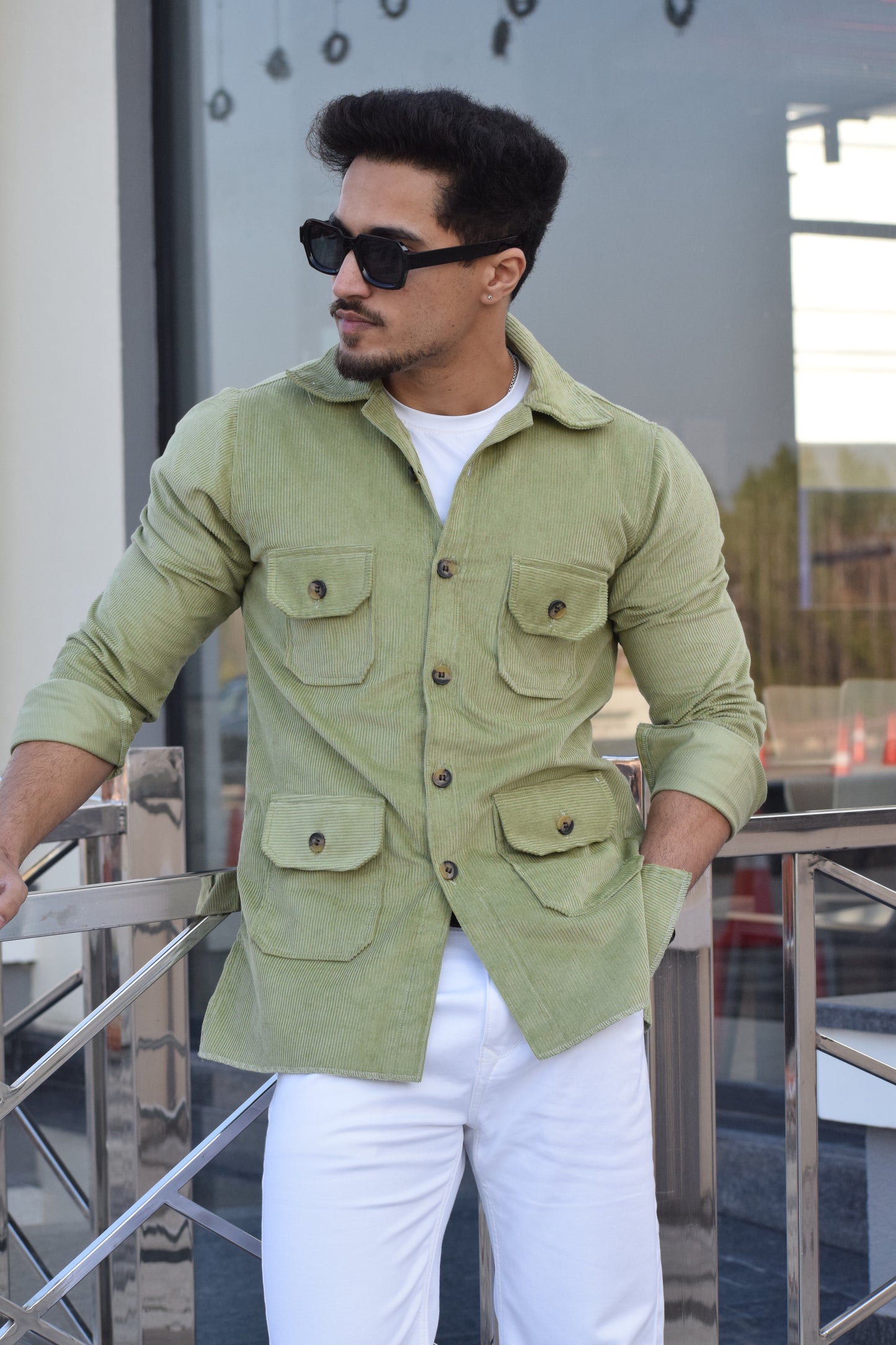 Light Green Corduroy Hunting Shacket for Men