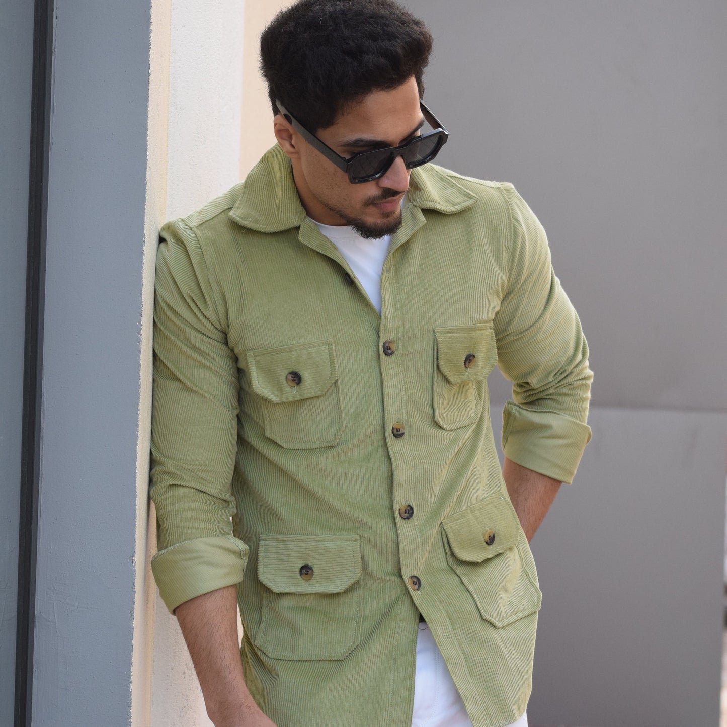 Light Green Corduroy Hunting Shacket for Men