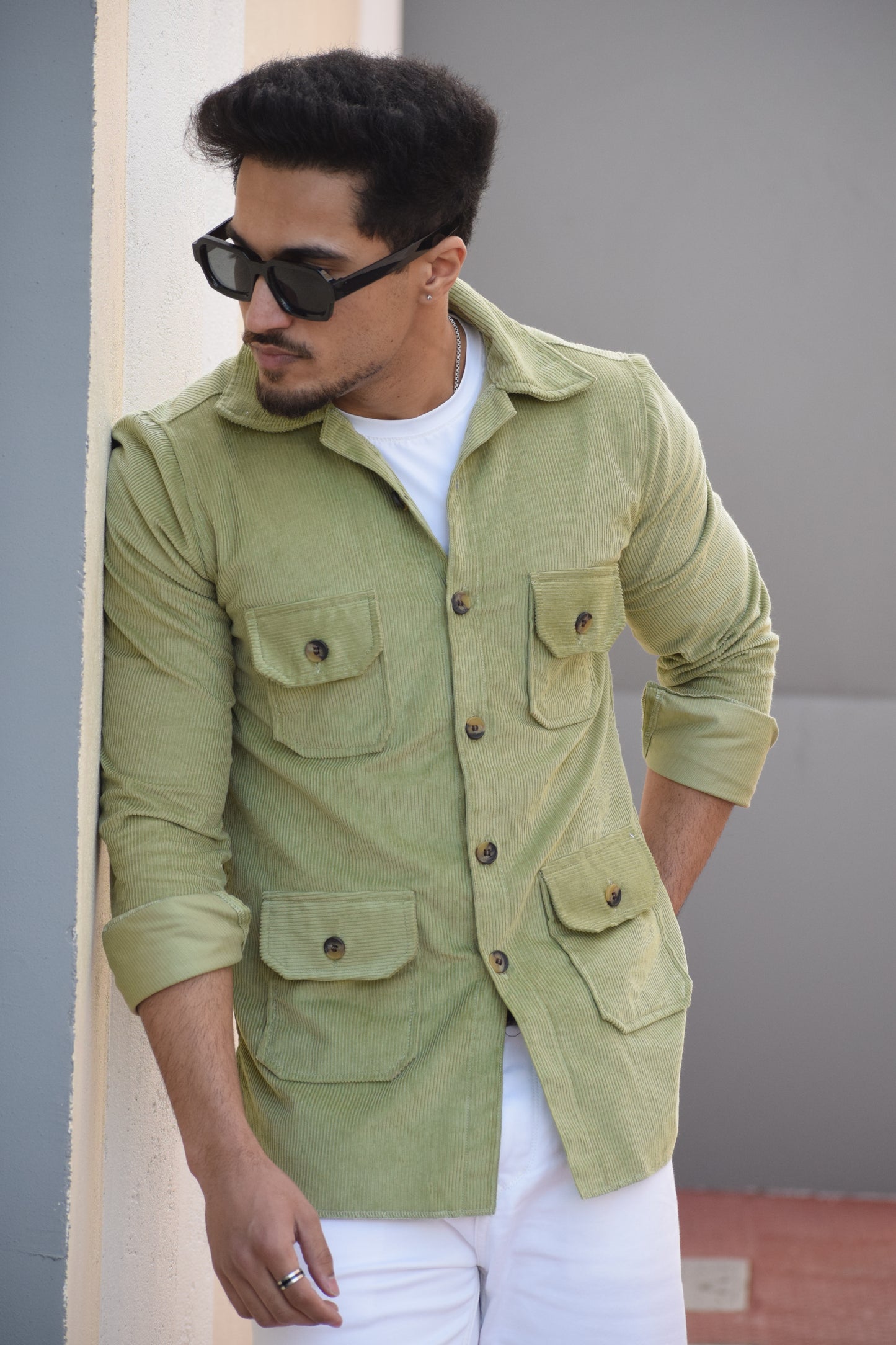 Light Green Corduroy Hunting Shacket for Men