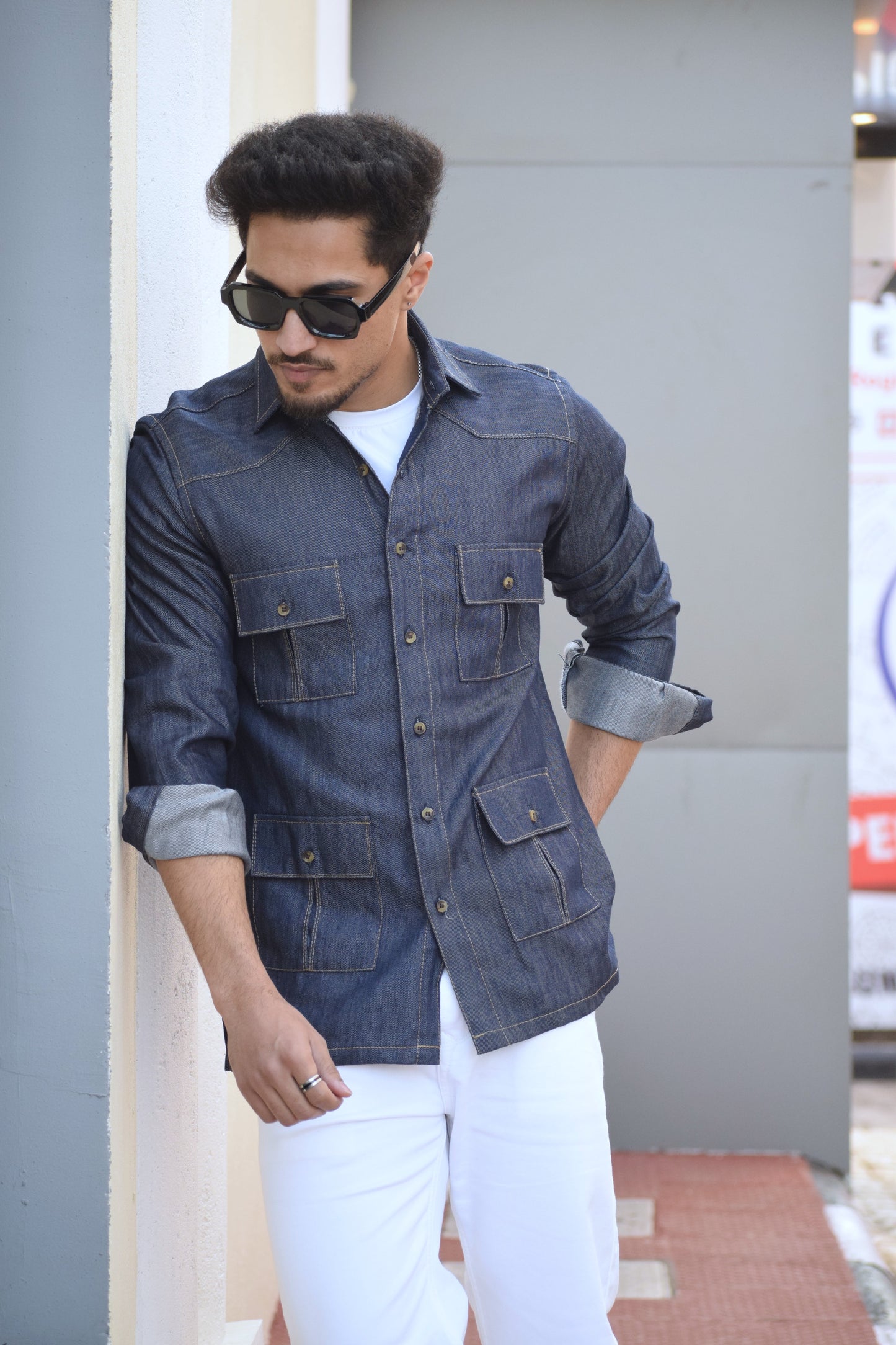 Navy Blue Denim Vintage Hunting Style Shirt