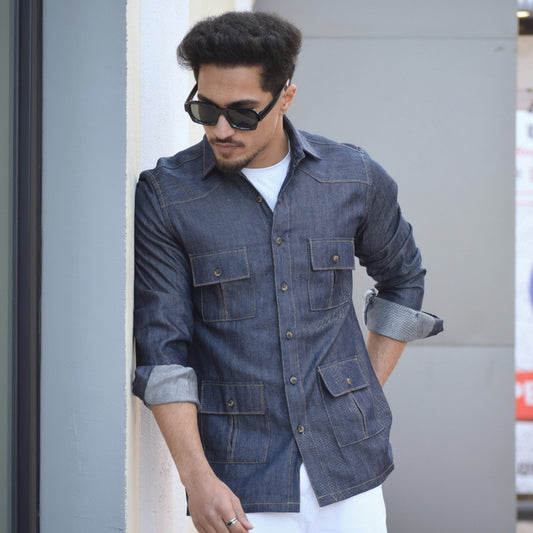 Navy Blue Denim Vintage Hunting Style Shirt