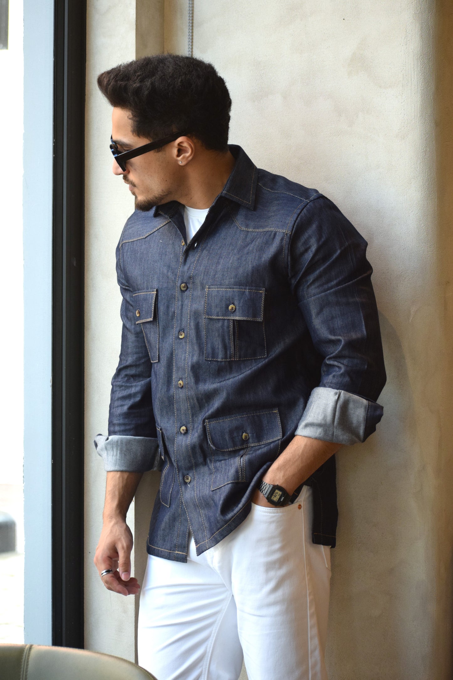 Navy Blue Denim Vintage Hunting Style Shirt