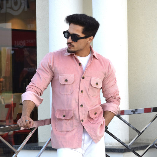 Flamingo Pink Corduroy Hunting Shacket for Men