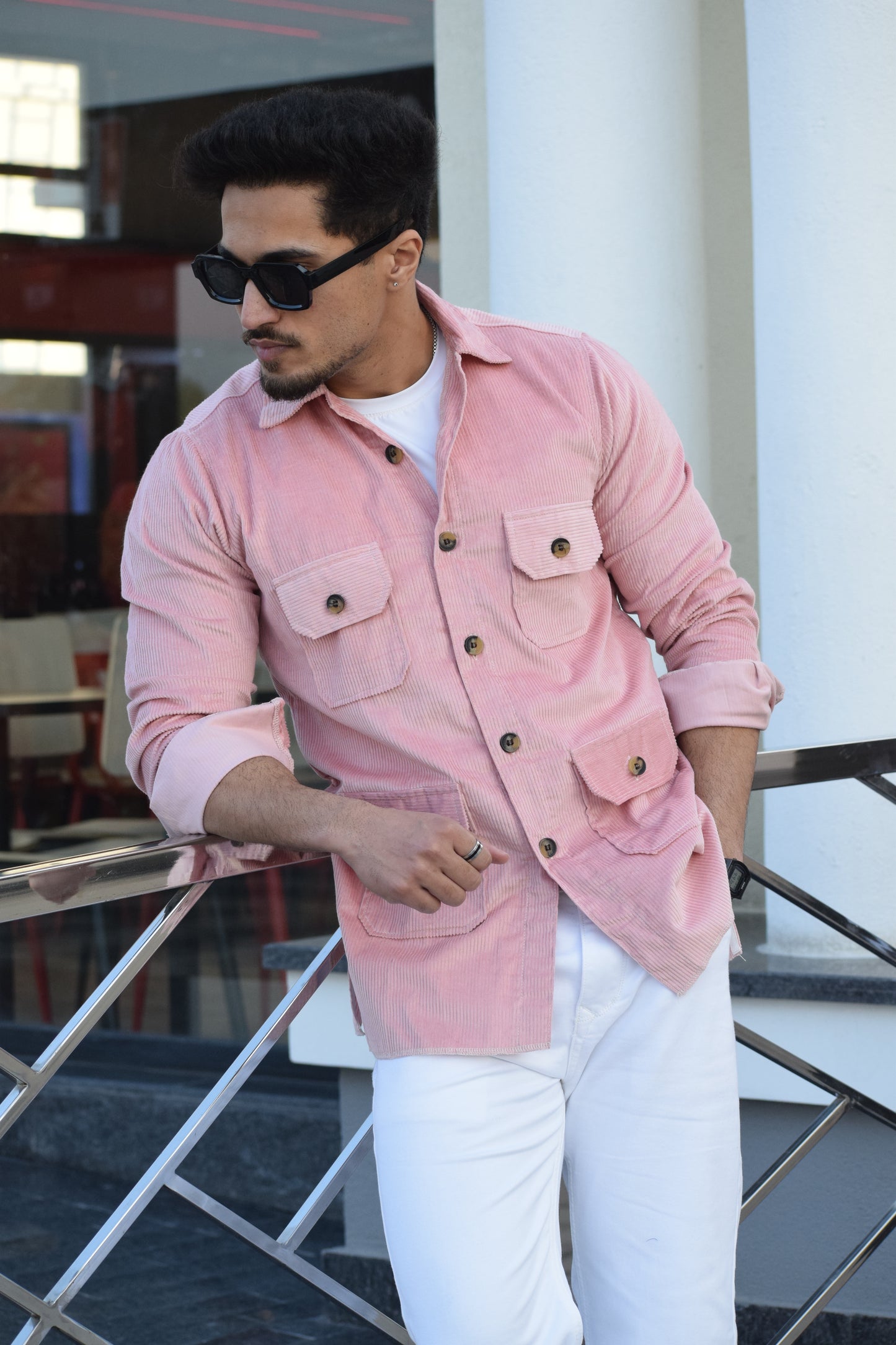 Flamingo Pink Corduroy Hunting Shacket for Men