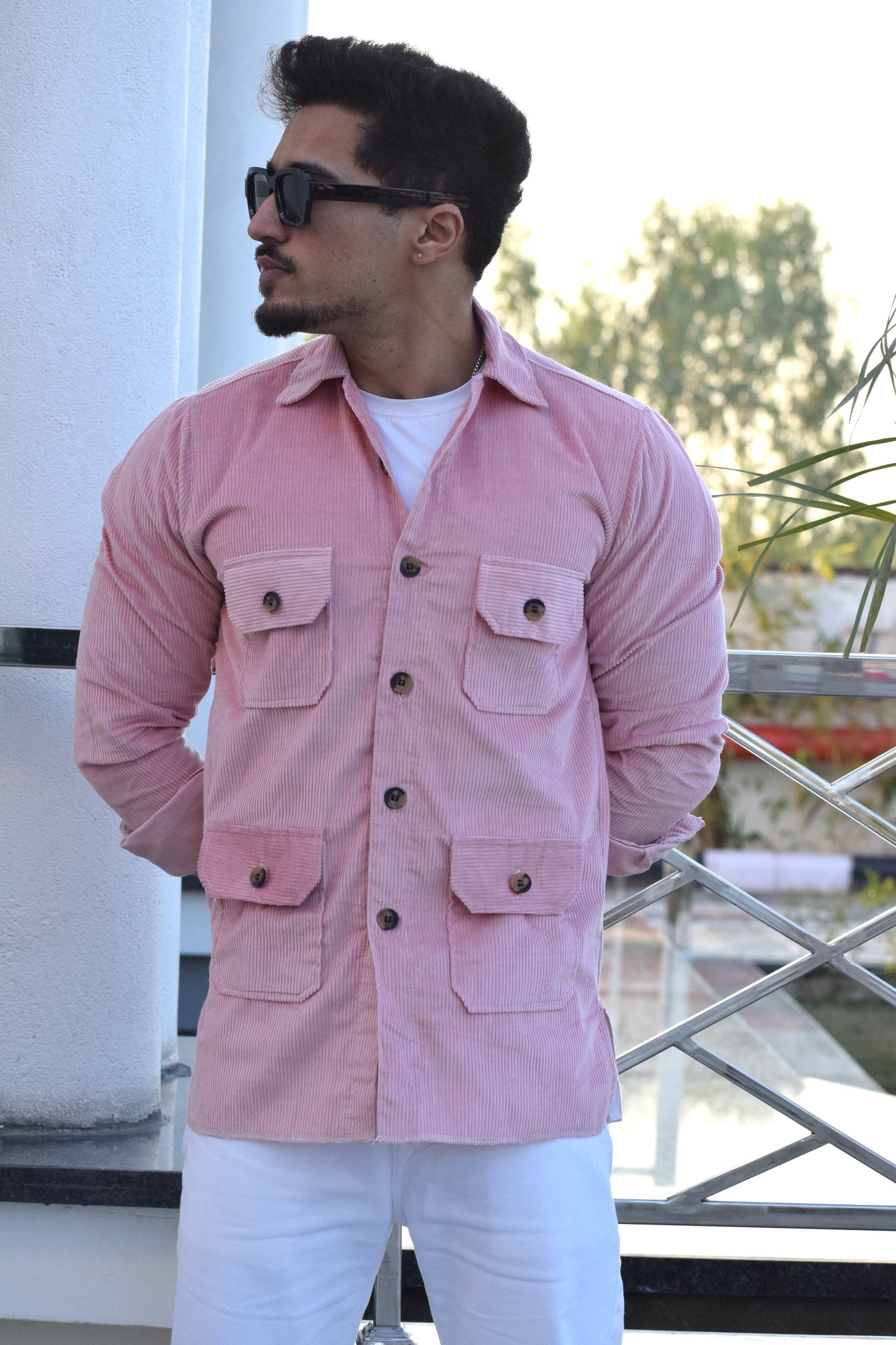 Flamingo Pink Corduroy Hunting Shacket for Men