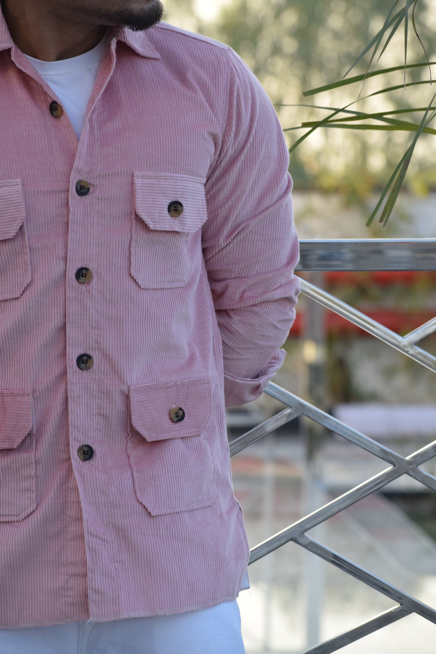 Flamingo Pink Corduroy Hunting Shacket for Men