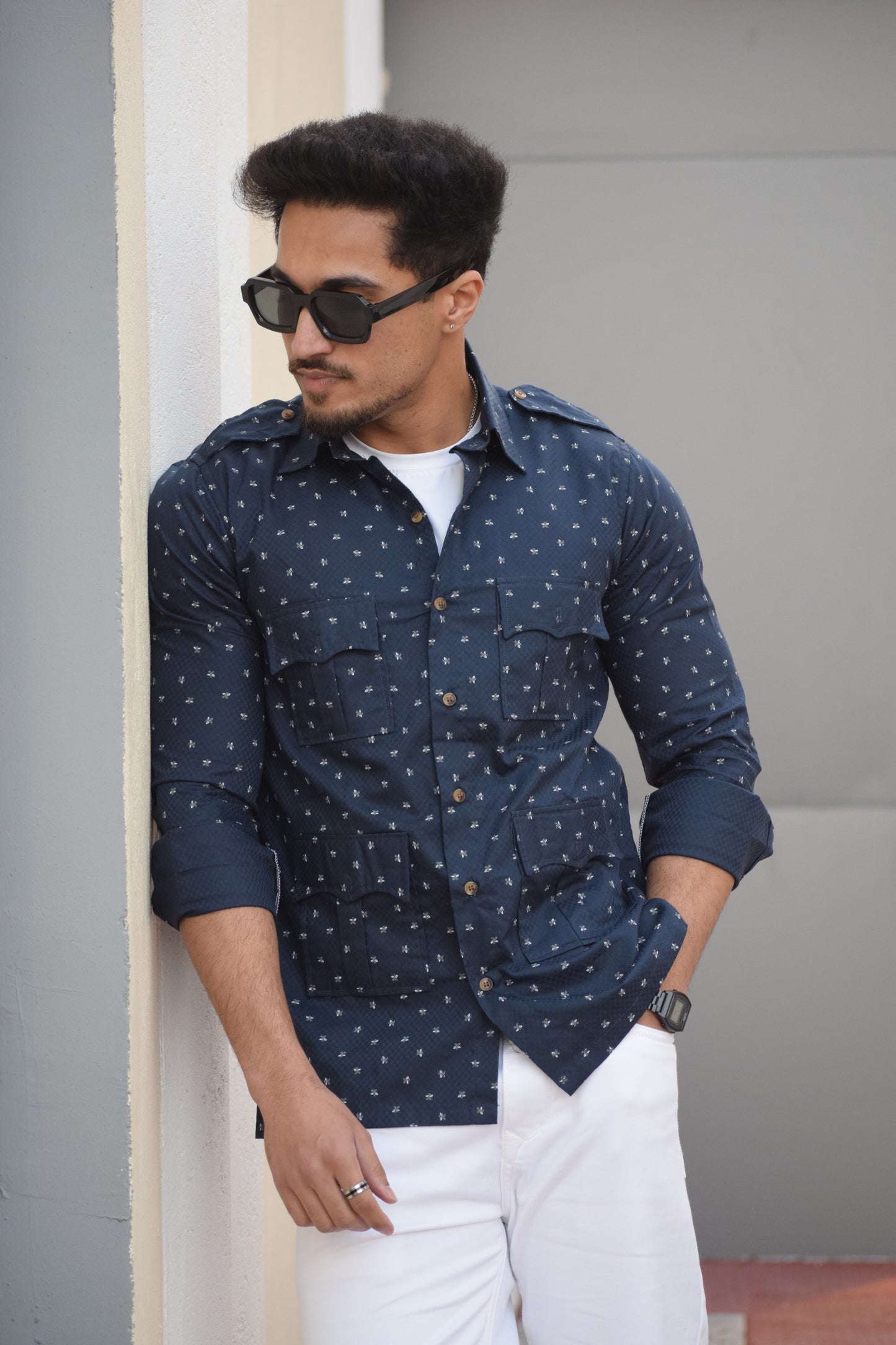 Navy Blue Printed Hunting Style Shirt