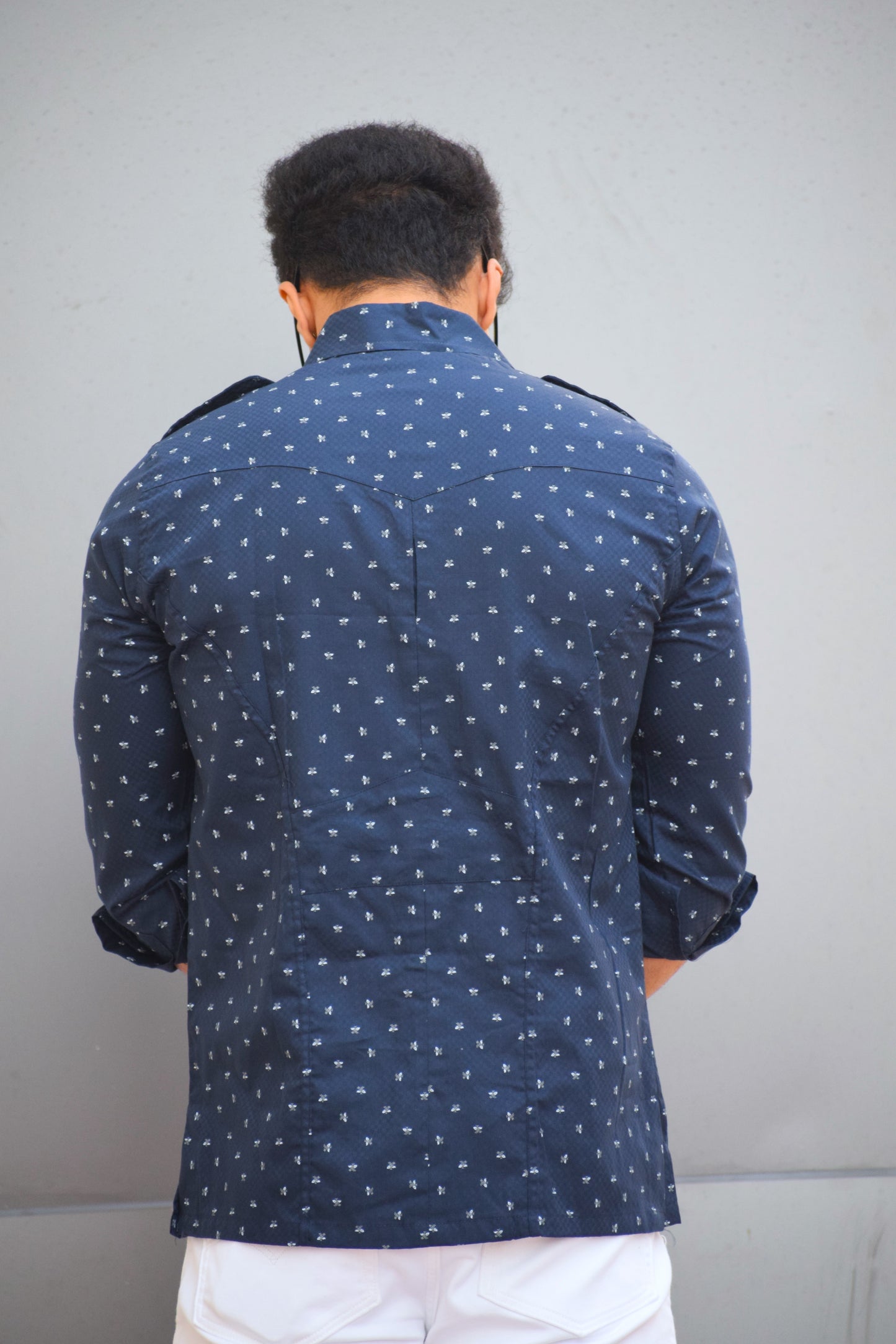 Navy Blue Printed Hunting Style Shirt