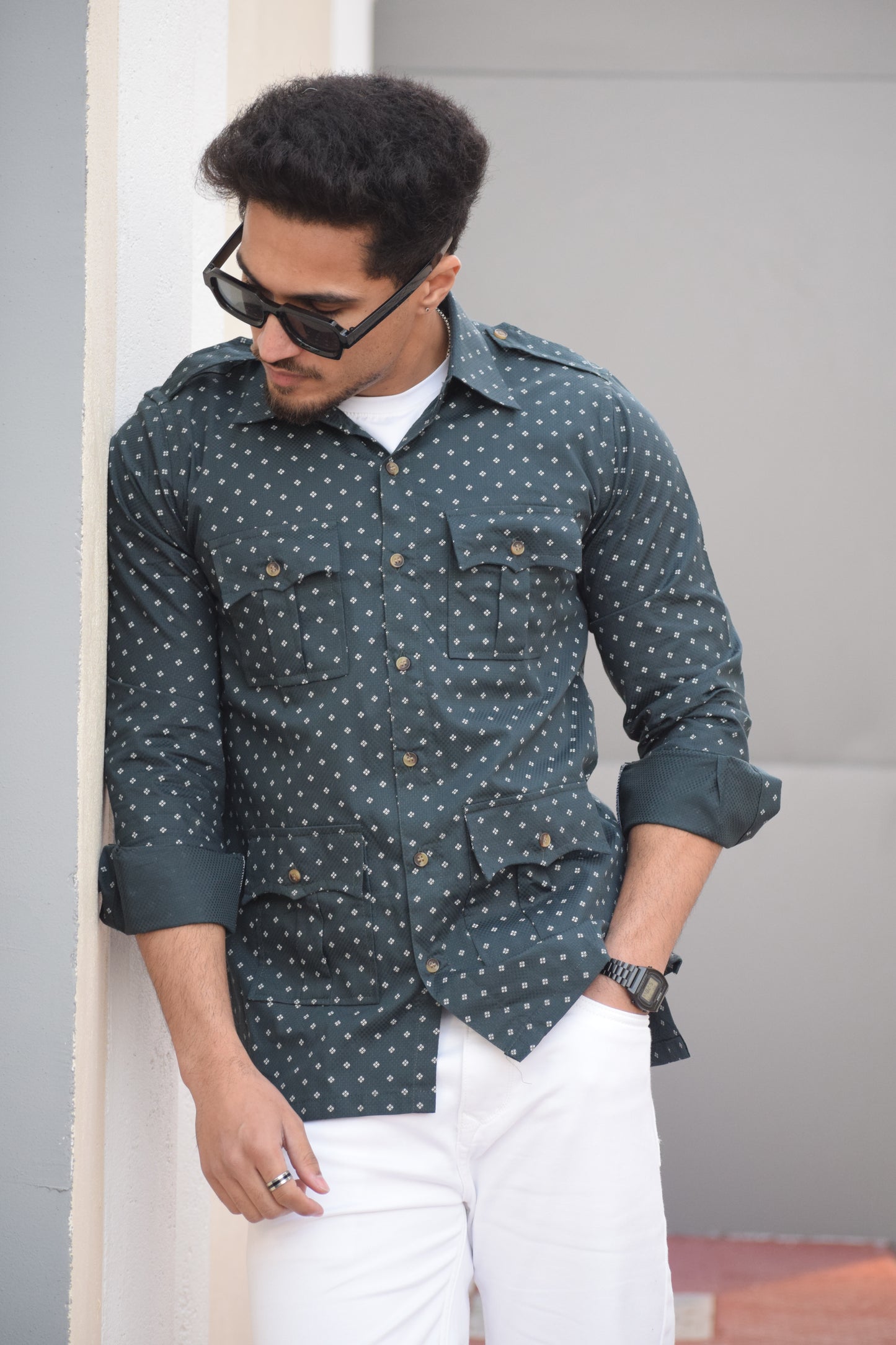 Pine Green Hunting Style Cotton printed Shirt