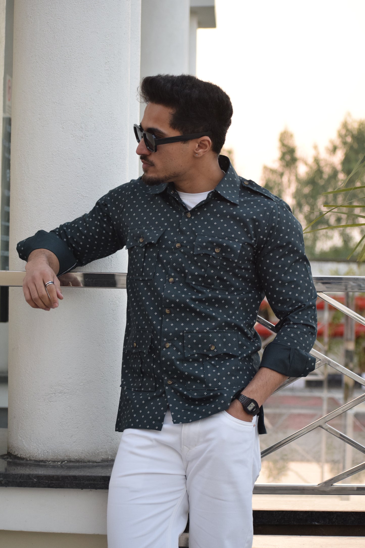 Pine Green Hunting Style Cotton printed Shirt