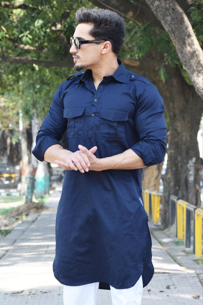 Navy Blue Short Hunting Style Kurta-Pajama set
