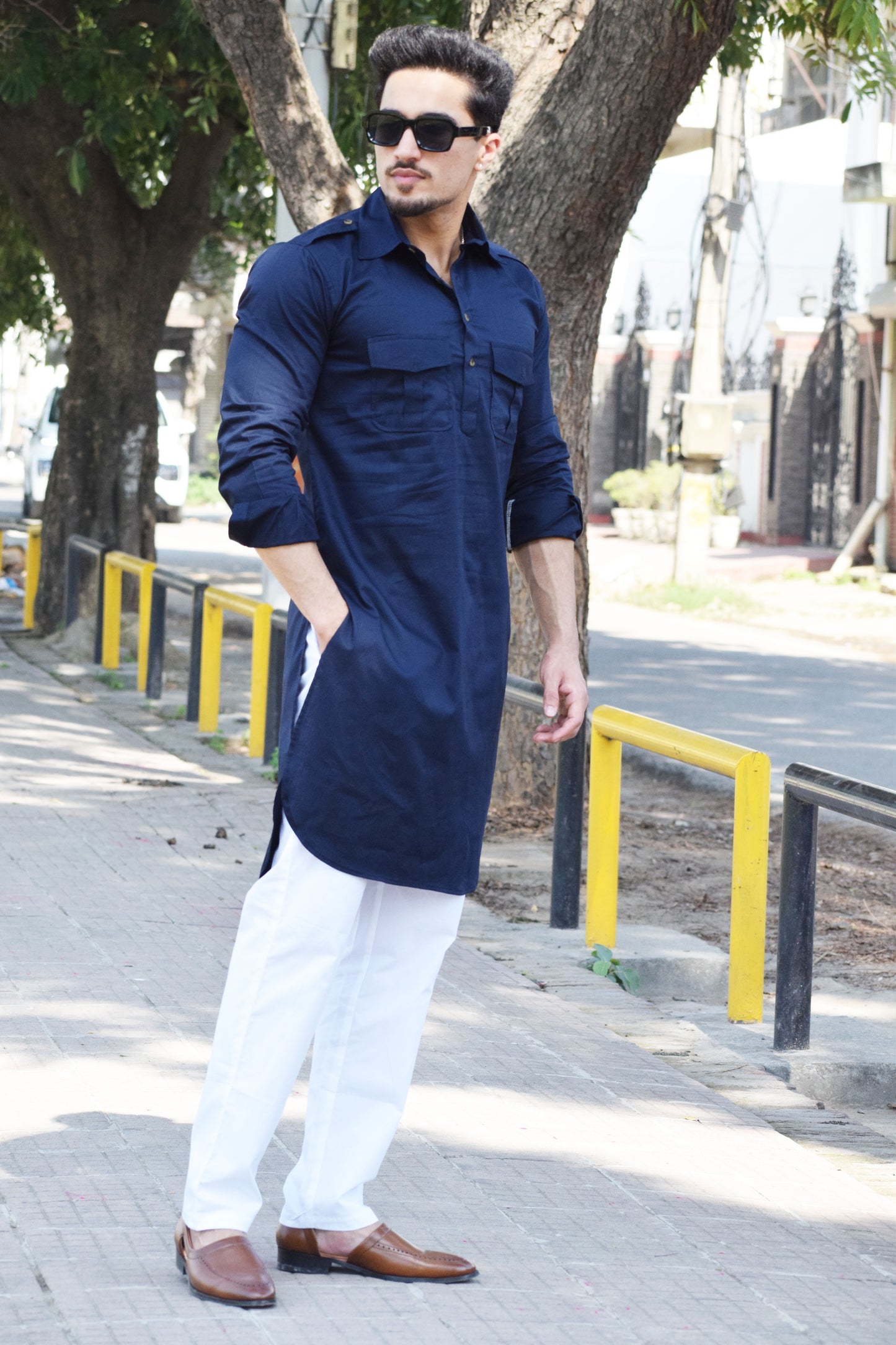 Navy Blue Short Hunting Style Kurta-Pajama set