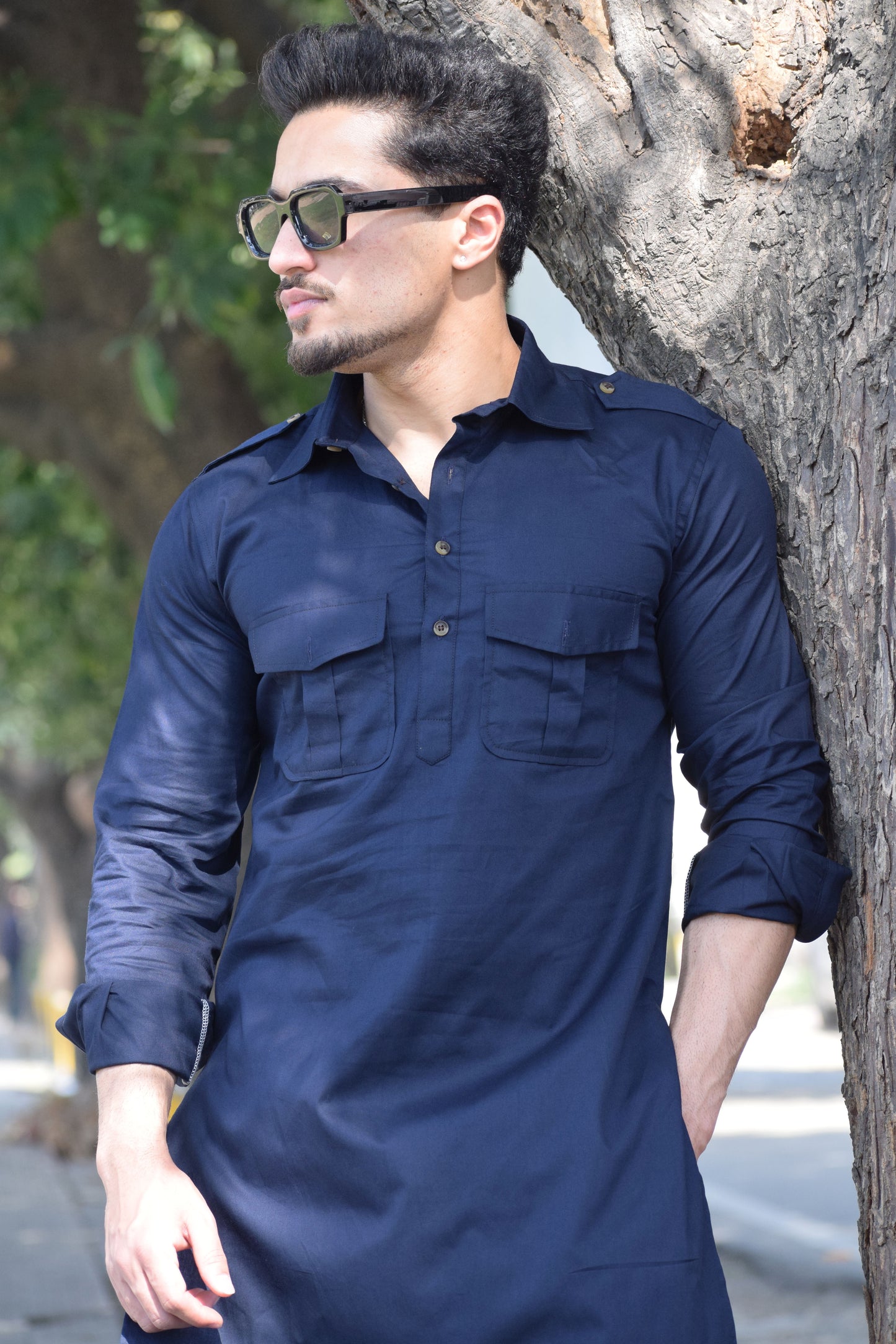 Navy Blue Short Hunting Style Kurta-Pajama set