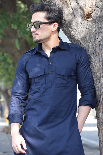 Navy Blue Short Hunting Style Kurta-Pajama set