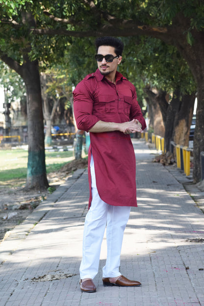 Ruby Red Short Hunting Style Kurta-Pajama set