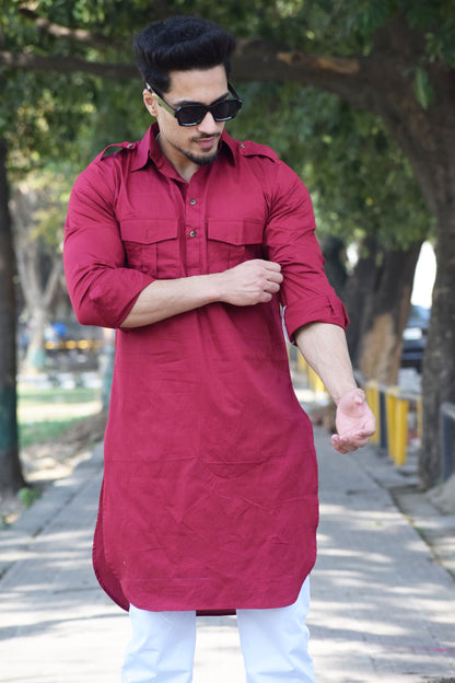 Ruby Red Short Hunting Style Kurta-Pajama set