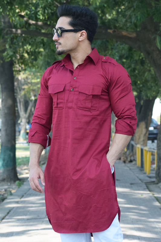 Ruby Red Short Hunting Style Kurta-Pajama set