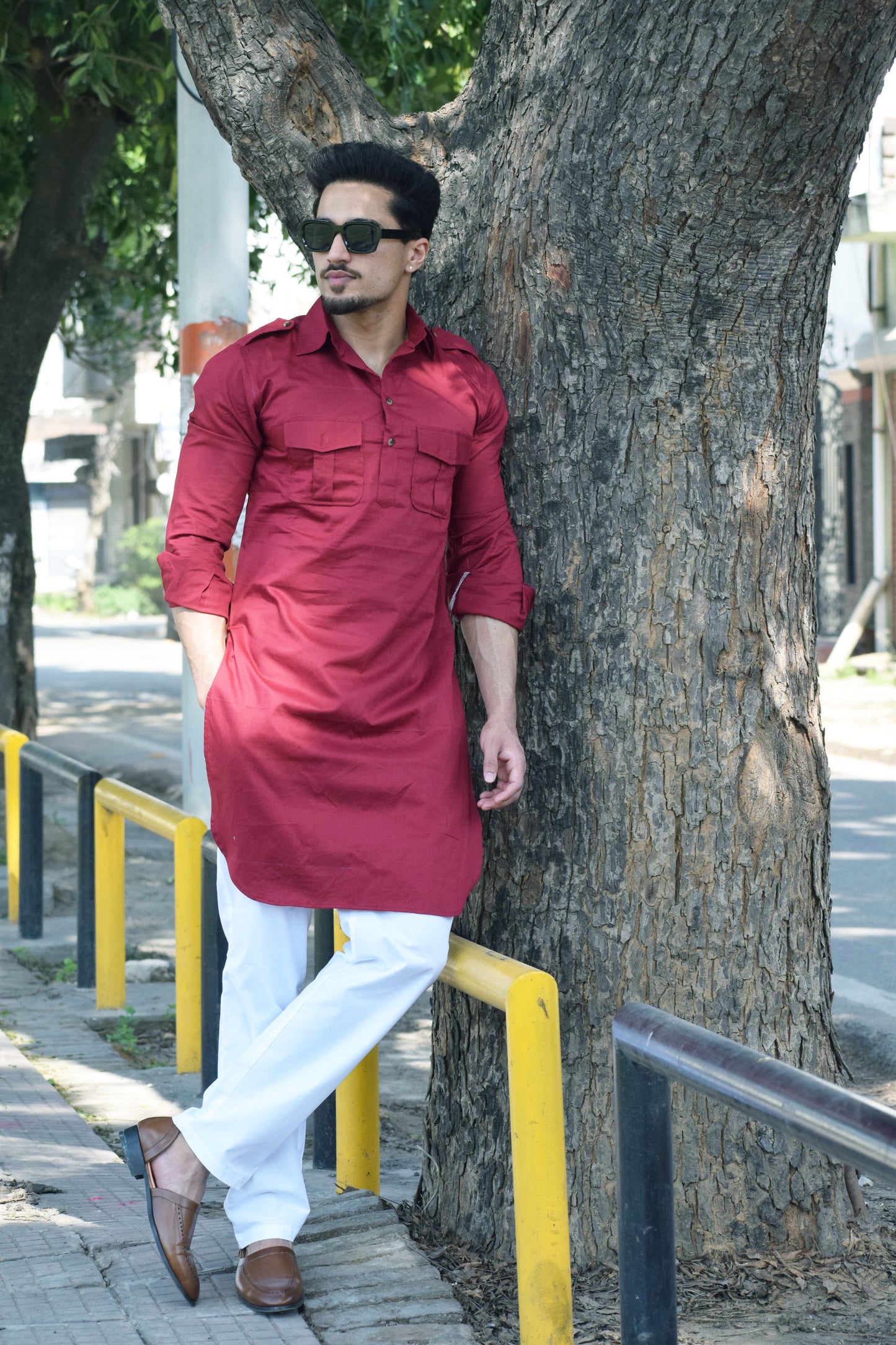 Ruby Red Short Hunting Style Kurta-Pajama set
