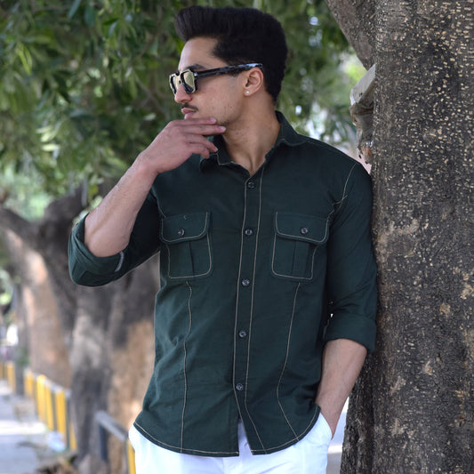 Contrast Stich Dark Green Twill Trooper Shirt