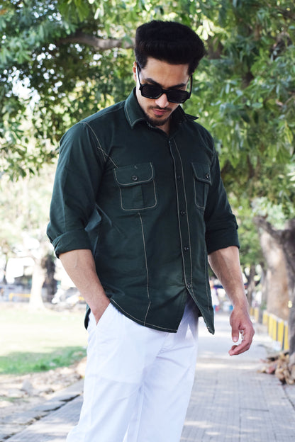 Contrast Stich Dark Green Twill Trooper Shirt
