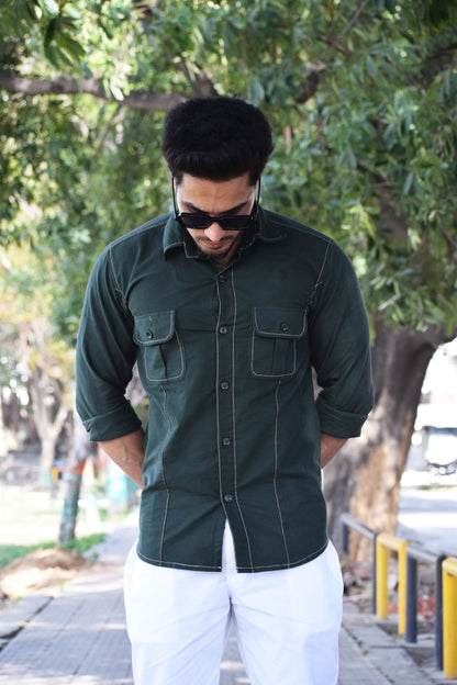 Contrast Stich Dark Green Twill Trooper Shirt