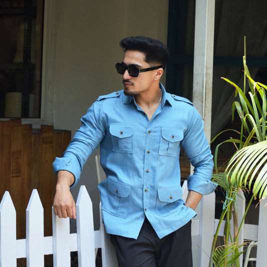 Cotton Linen Azure Blue Hunting Shirt