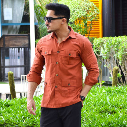 Rust-Orange Cotton Twill Hunting Style Shirt