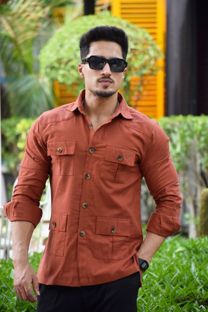 Rust-Orange Cotton Twill Hunting Style Shirt