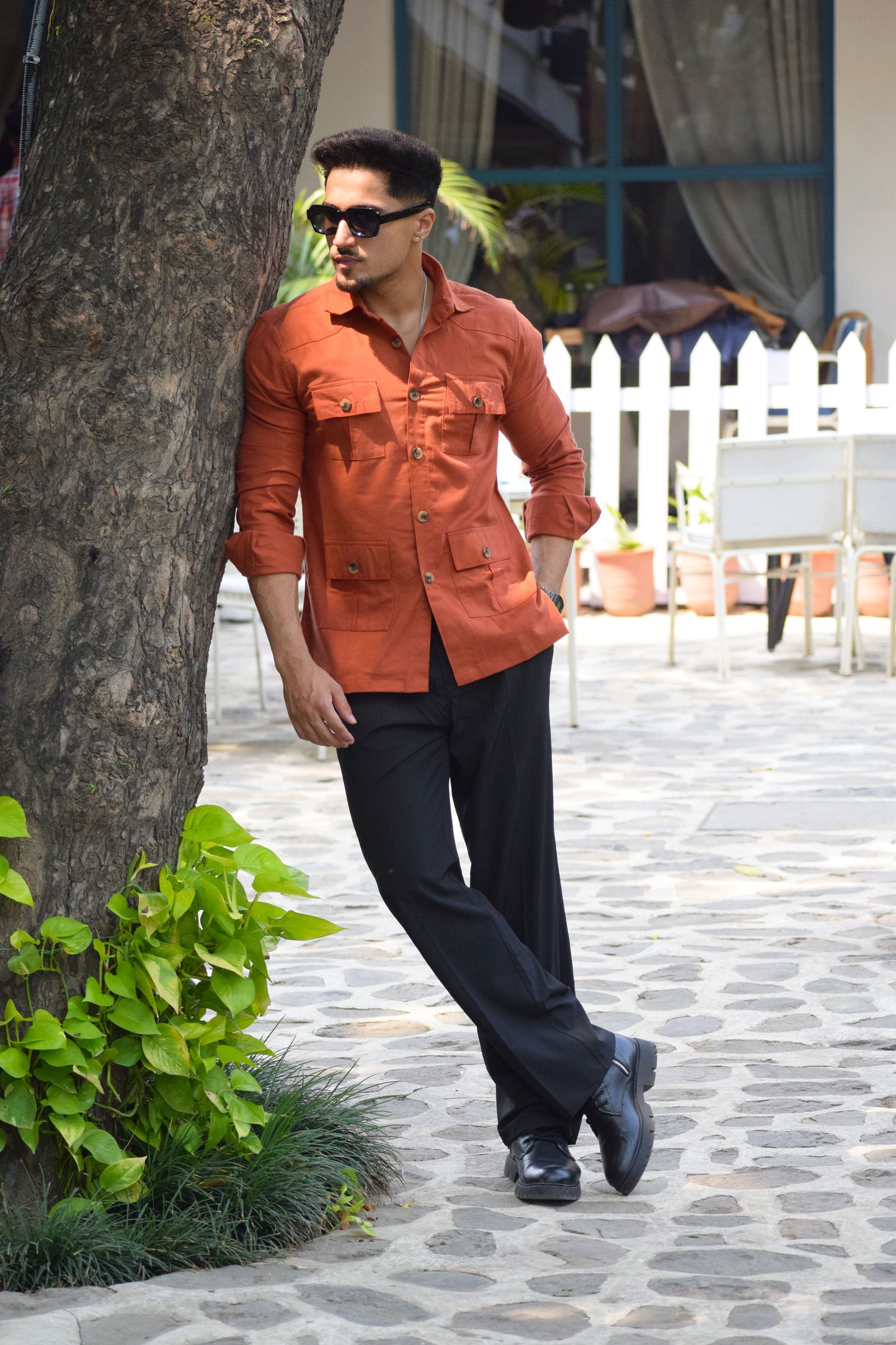 Rust-Orange Cotton Twill Hunting Style Shirt