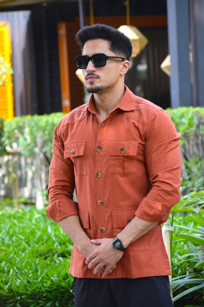 Rust-Orange Cotton Twill Hunting Style Shirt