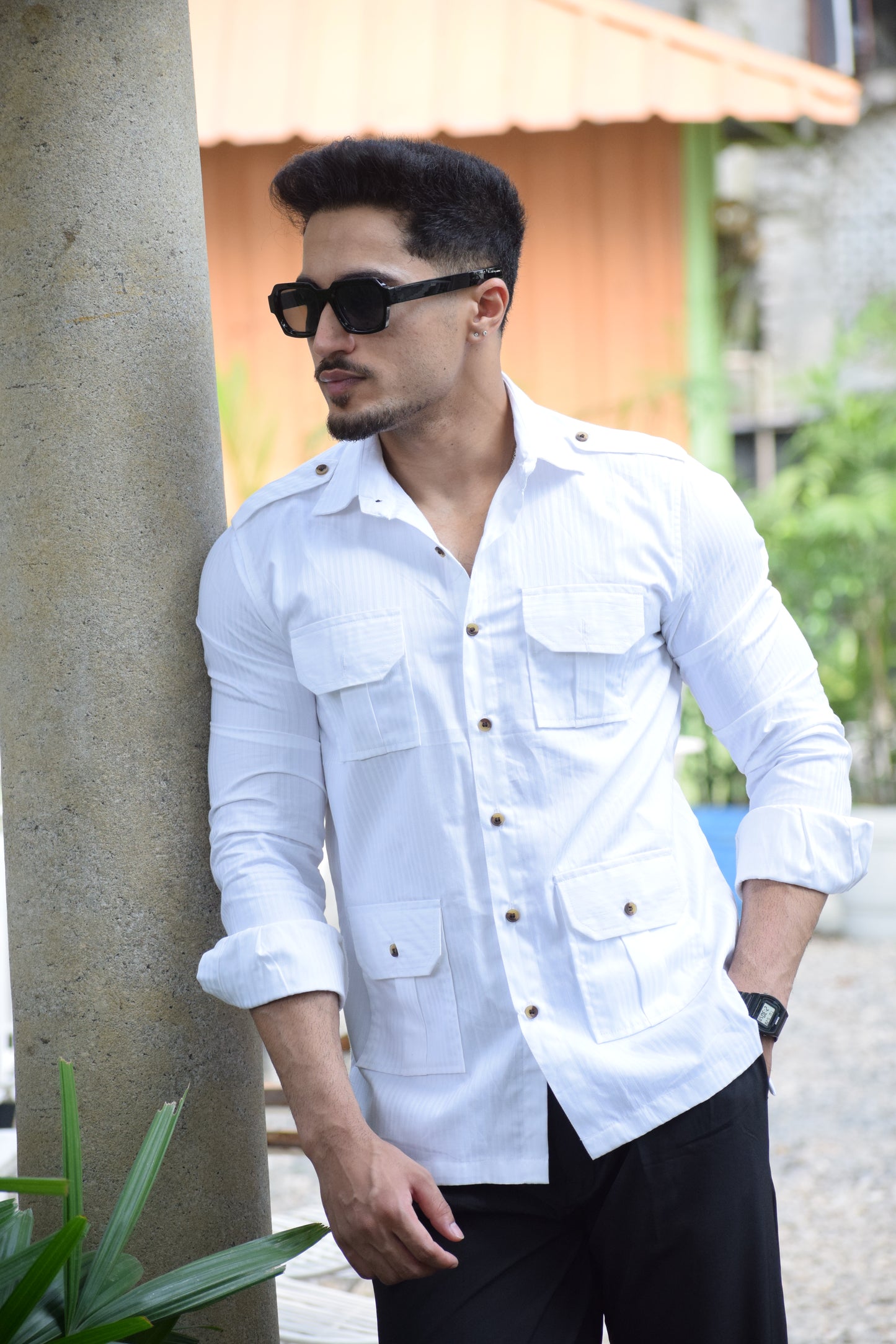 Premium Textured White Hunting Style Shirt