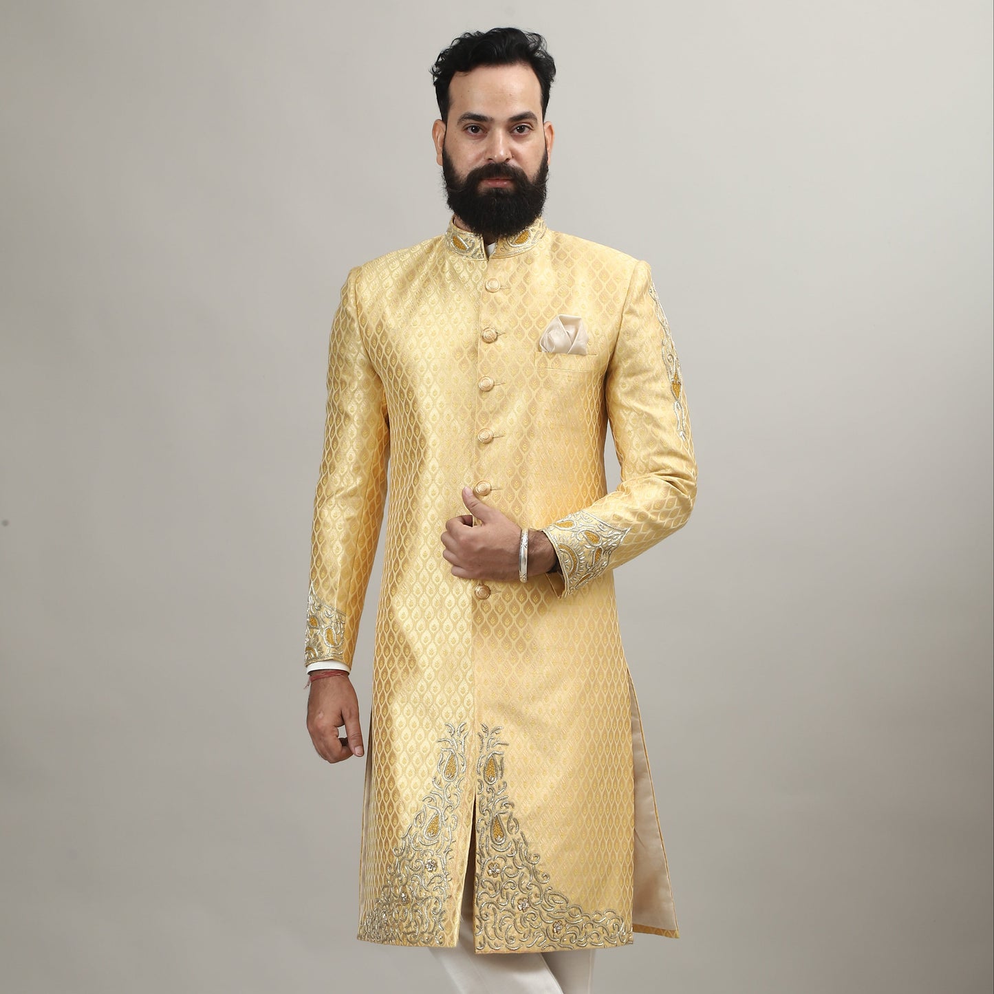 Sunlit Gold Heritage Sherwani with Traditional Indian Motif