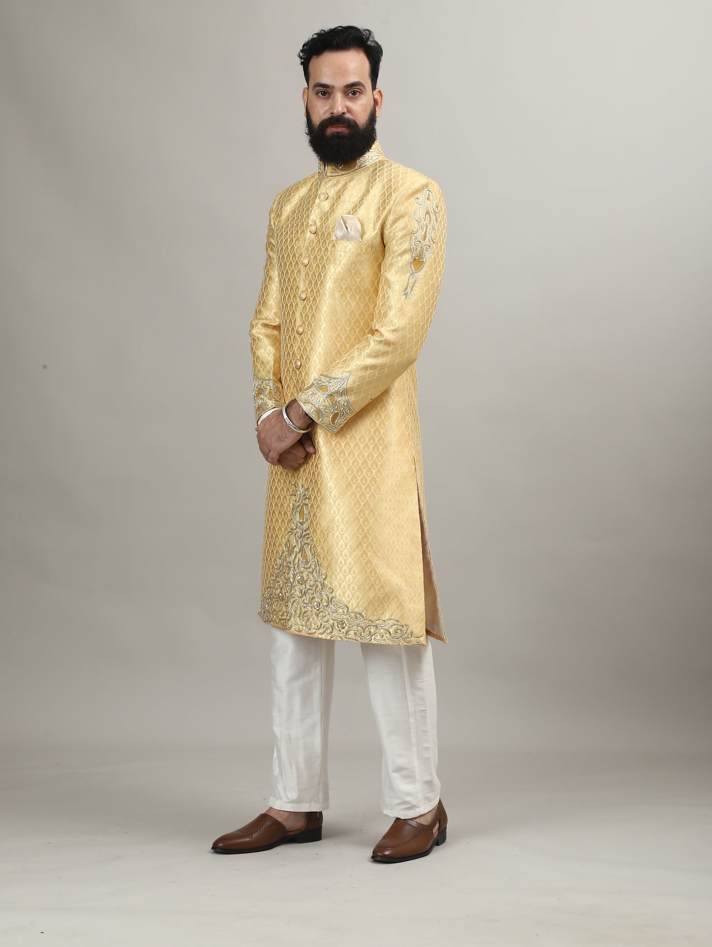 Sunlit Gold Heritage Sherwani with Traditional Indian Motif