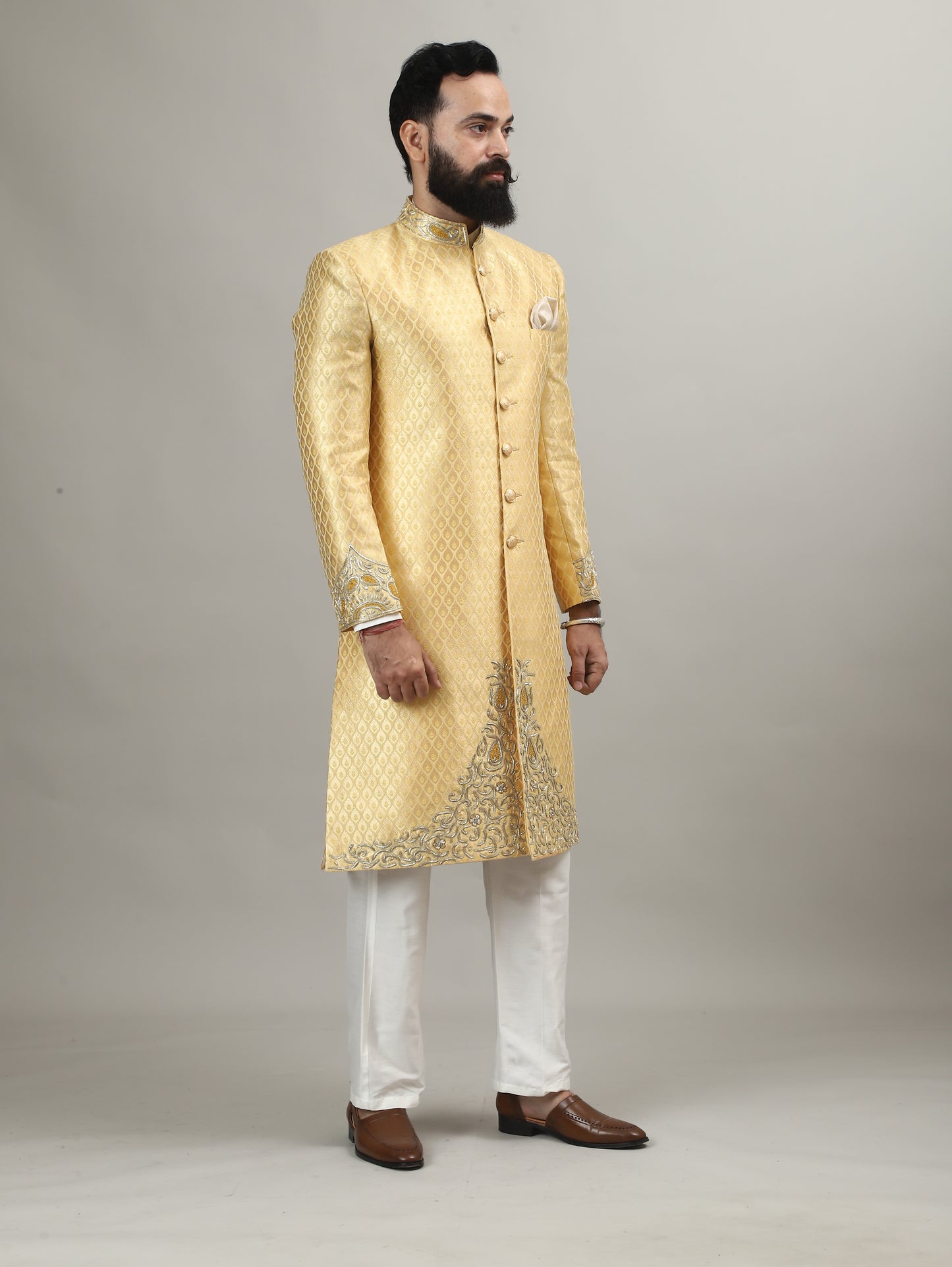 Sunlit Gold Heritage Sherwani with Traditional Indian Motif
