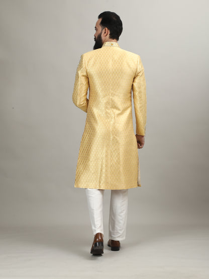 Sunlit Gold Heritage Sherwani with Traditional Indian Motif