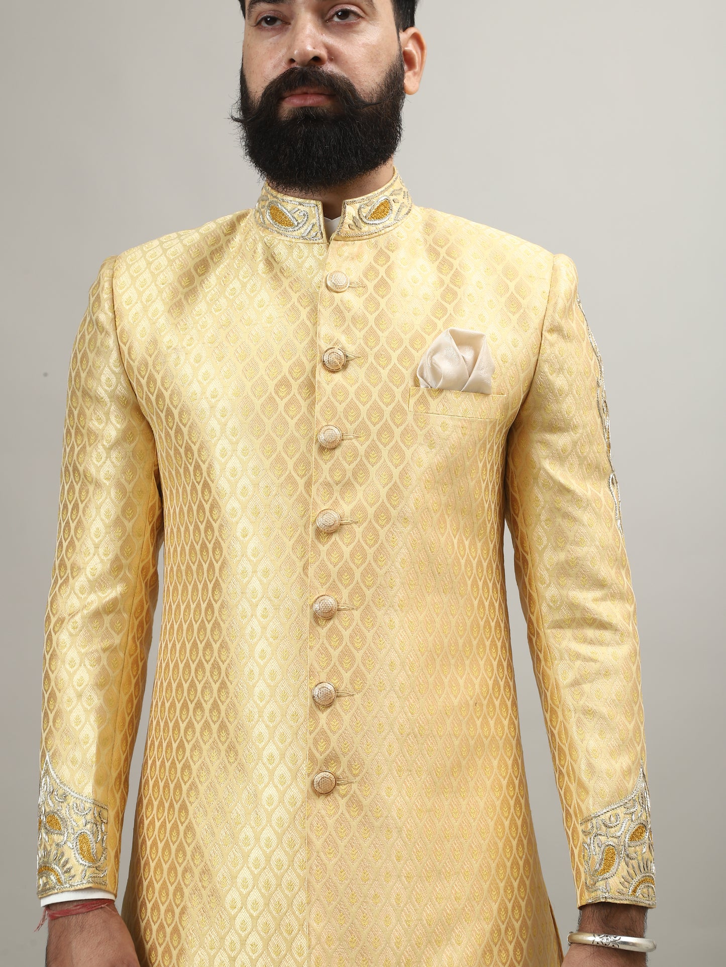 Sunlit Gold Heritage Sherwani with Traditional Indian Motif