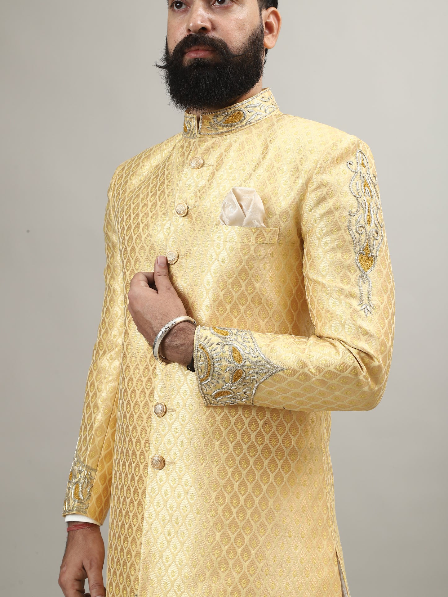 Sunlit Gold Heritage Sherwani with Traditional Indian Motif