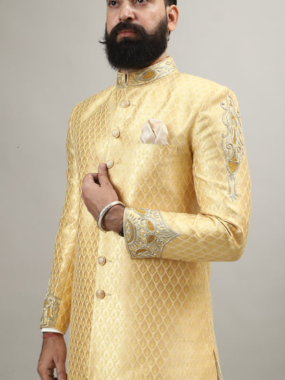 Sunlit Gold Heritage Sherwani with Traditional Indian Motif