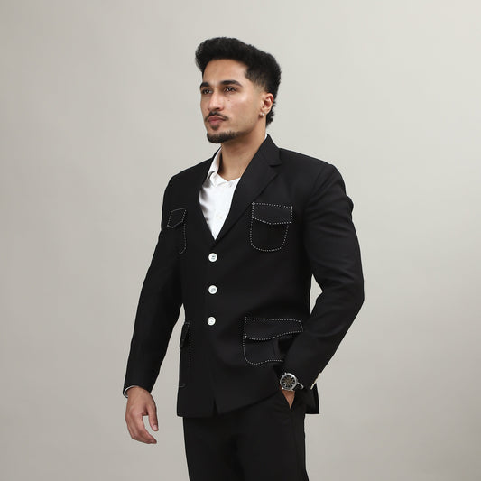 Classic Black Celebration Blazer with Contrast Pocket Detailing