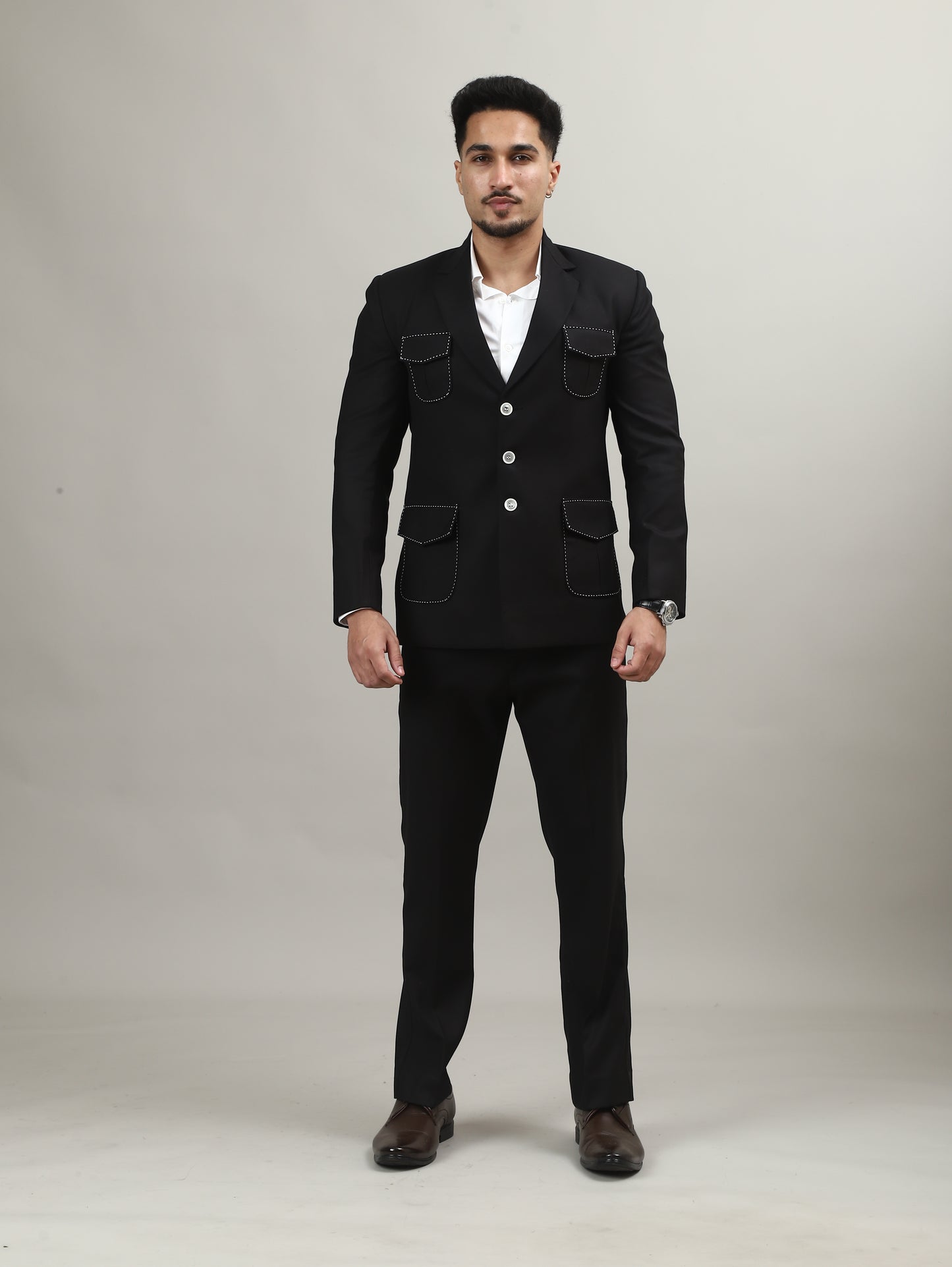 Classic Black Celebration Blazer with Contrast Pocket Detailing