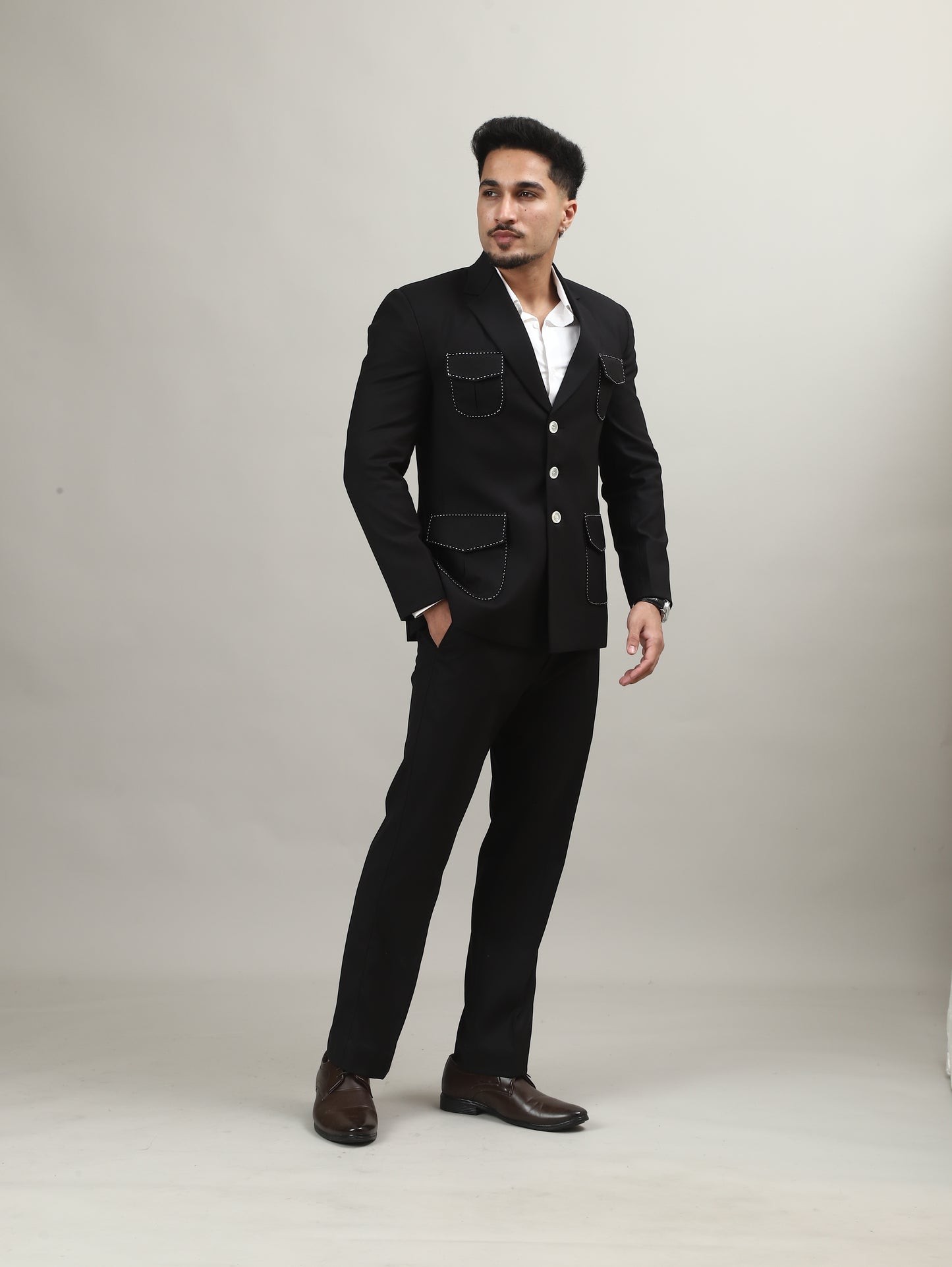 Classic Black Celebration Blazer with Contrast Pocket Detailing