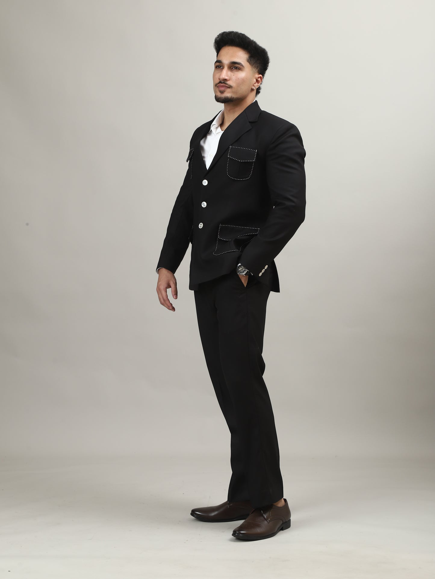 Classic Black Celebration Blazer with Contrast Pocket Detailing