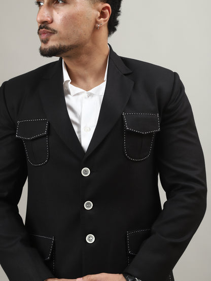 Classic Black Celebration Blazer with Contrast Pocket Detailing